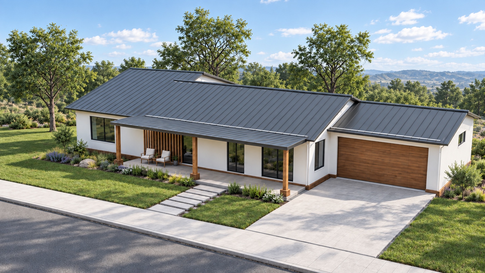 Finished exterior rendering of Cedar Court with a covered entry and landscaped garden