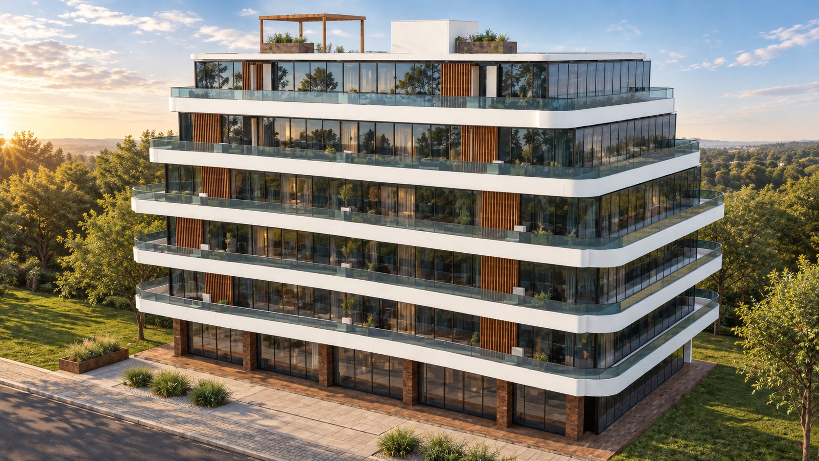 Architectural rendering of Contour House, a modern apartment concept with curved balconies and timber screens