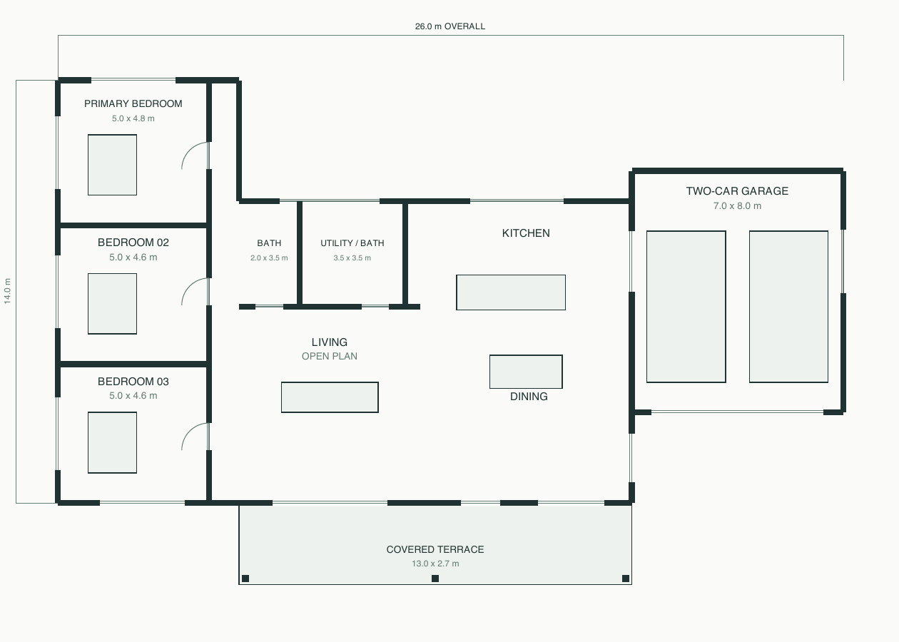 Original Cedar Court concept floor plan: three bedrooms in a separate wing, open living and dining, covered terrace and two-car garage